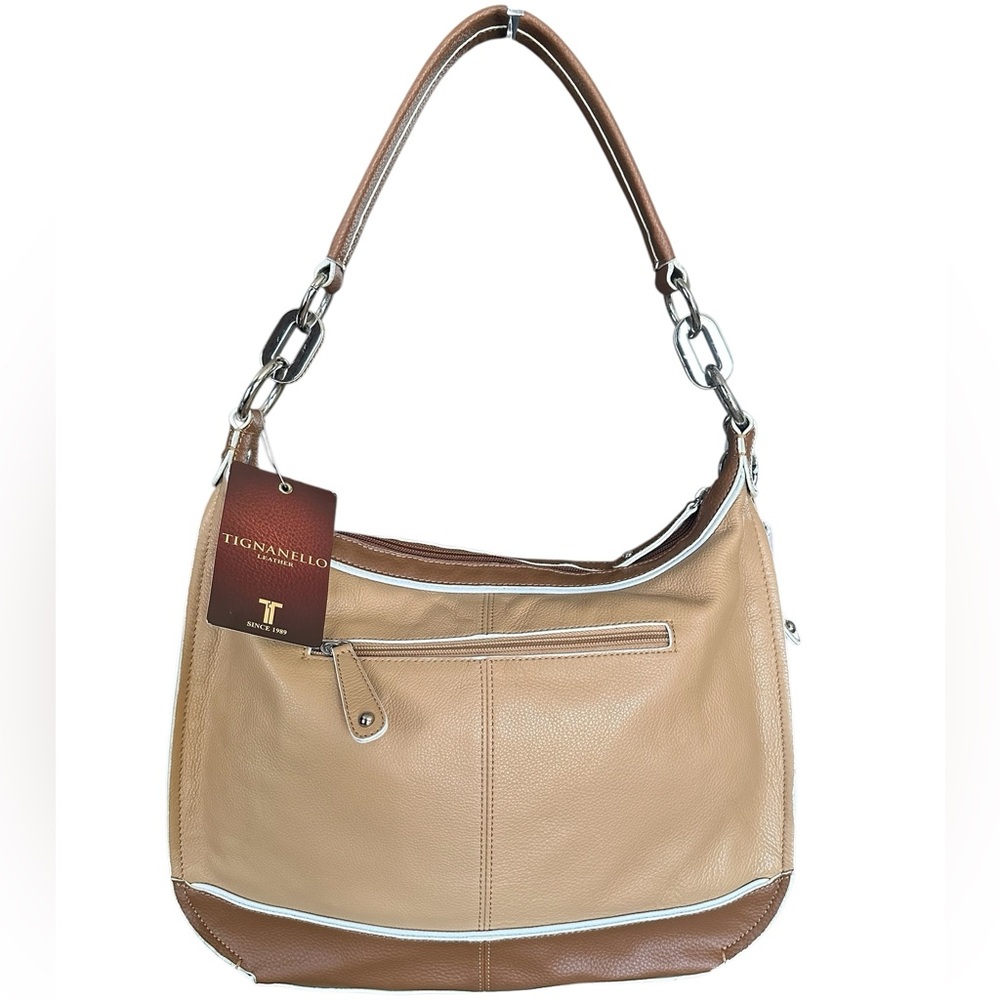 Tignanello Two-Tone Tan & Brown Leather Shoulder Bag White Ribbed Details New!